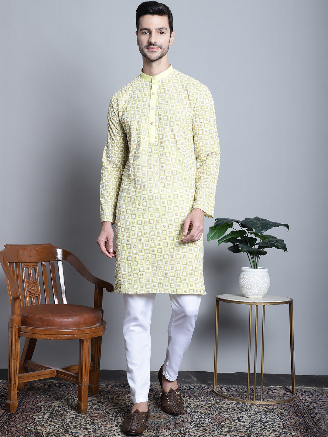 Men's Yellow Embroidered Kurta Pajama Set | Ethnic Wear