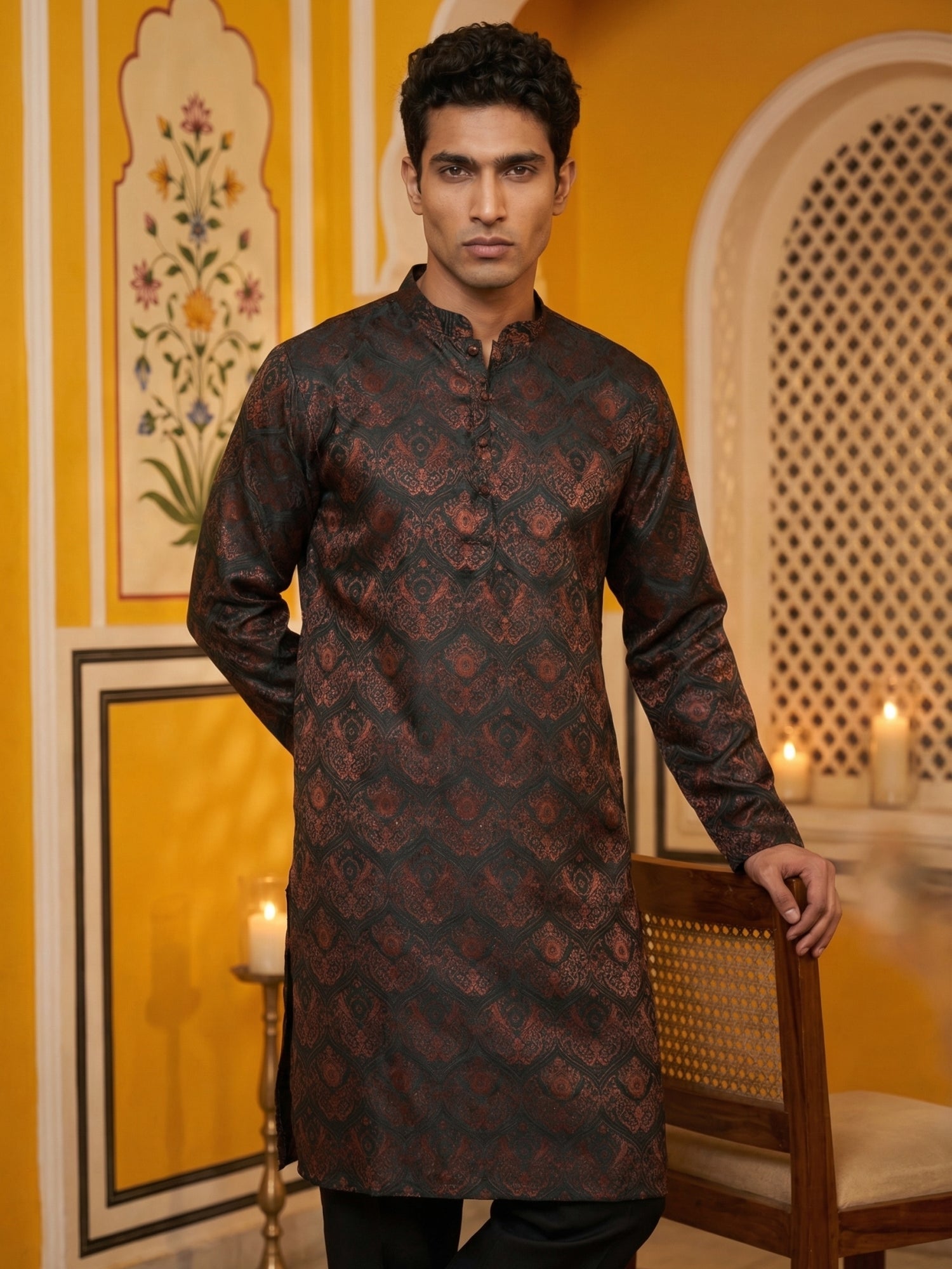 DesiQlo Men Woven Design Kurta Pyjama Set - Gold - JOKP_B-P_5043Bronze