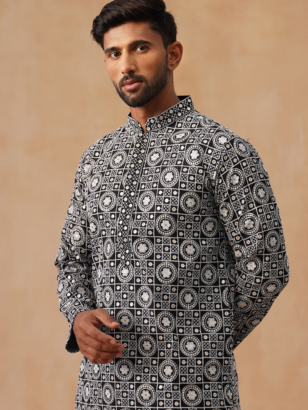 DesiQlo Men Geometric Kurta Only - Black - KO_5279Black_S