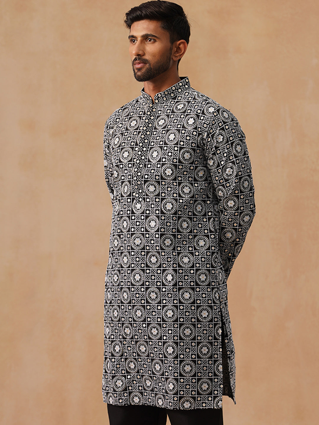 DesiQlo Men Geometric Kurta Only - Black - KO_5279Black_S