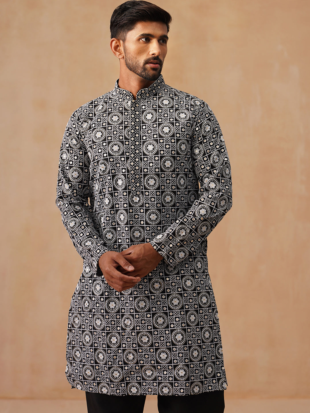 DesiQlo Men Geometric Kurta Only - Black - KO_5279Black_S