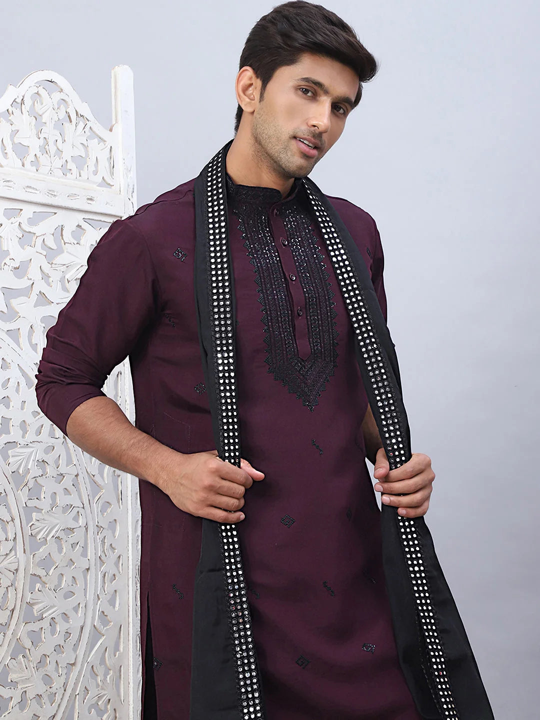 Maroon Embroidered Mens Kurta Pajama Set with Dupatta