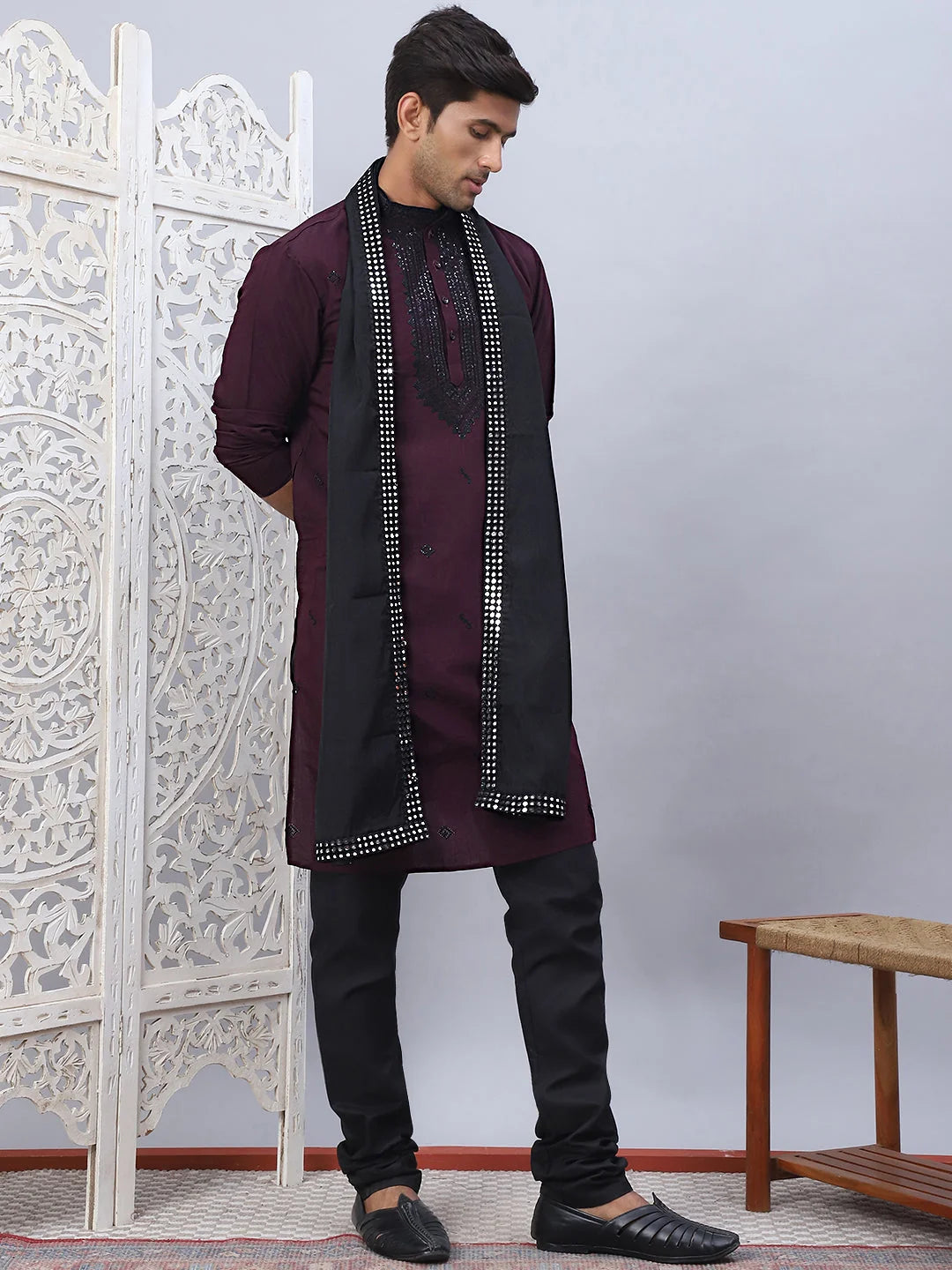 Maroon Embroidered Mens Kurta Pajama Set with Dupatta
