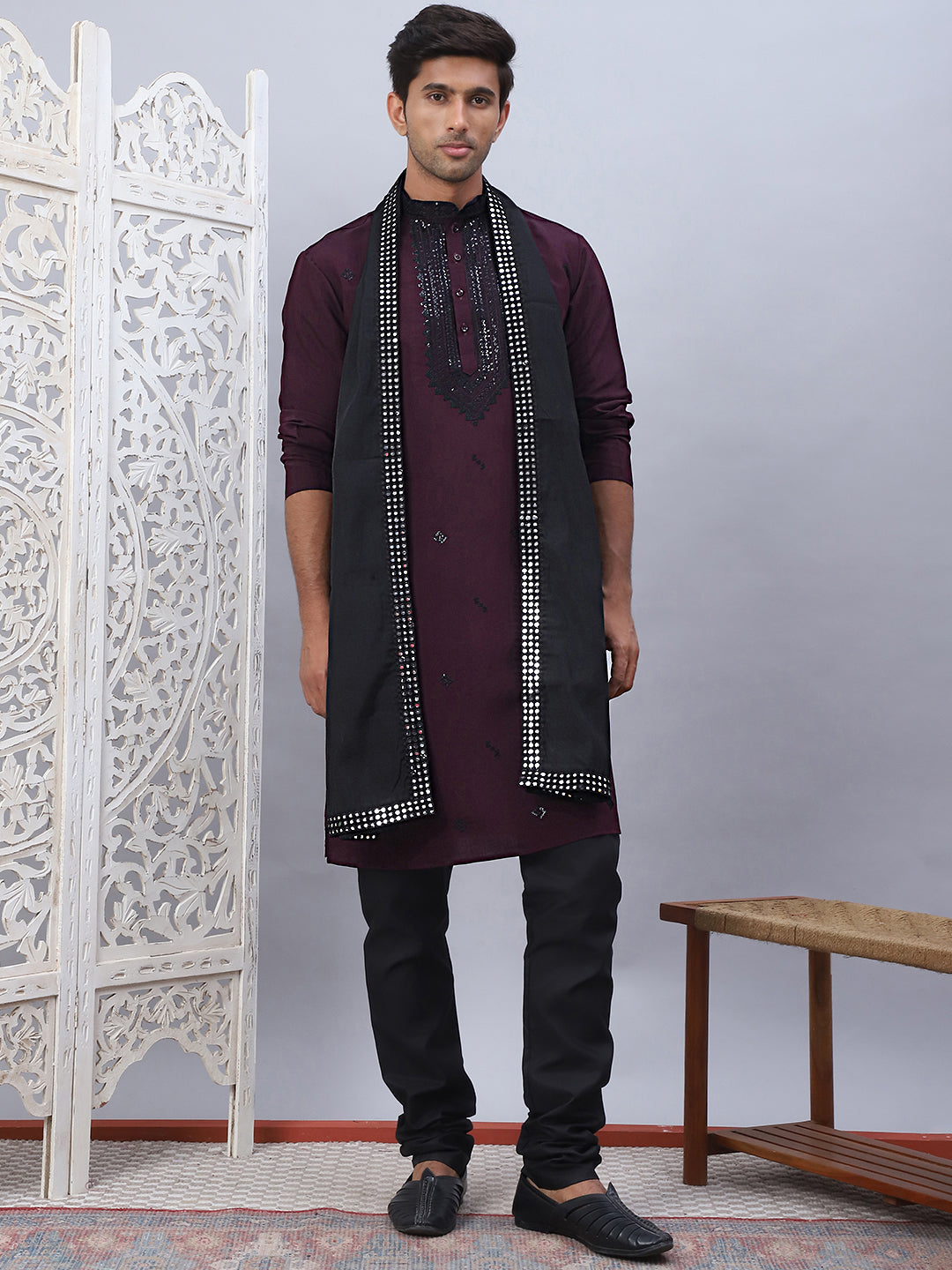 Maroon Embroidered Mens Kurta Pajama Set with Dupatta