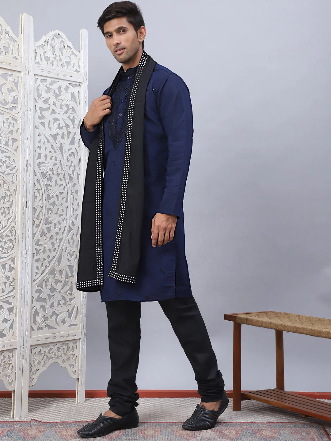 Navy Blue Embroidered Mens Kurta Pajama Set with Dupatta