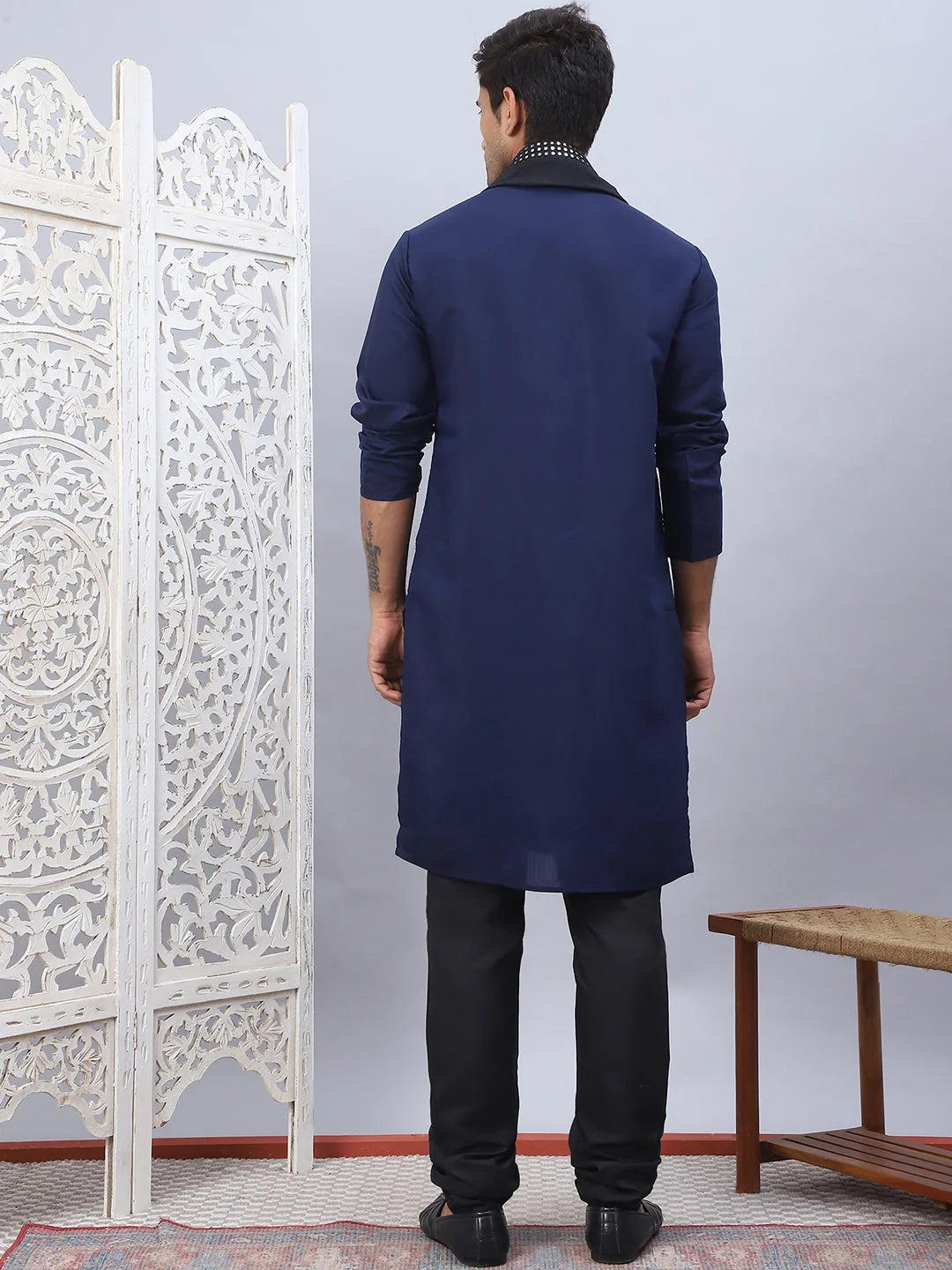 Navy Blue Embroidered Mens Kurta Pajama Set with Dupatta