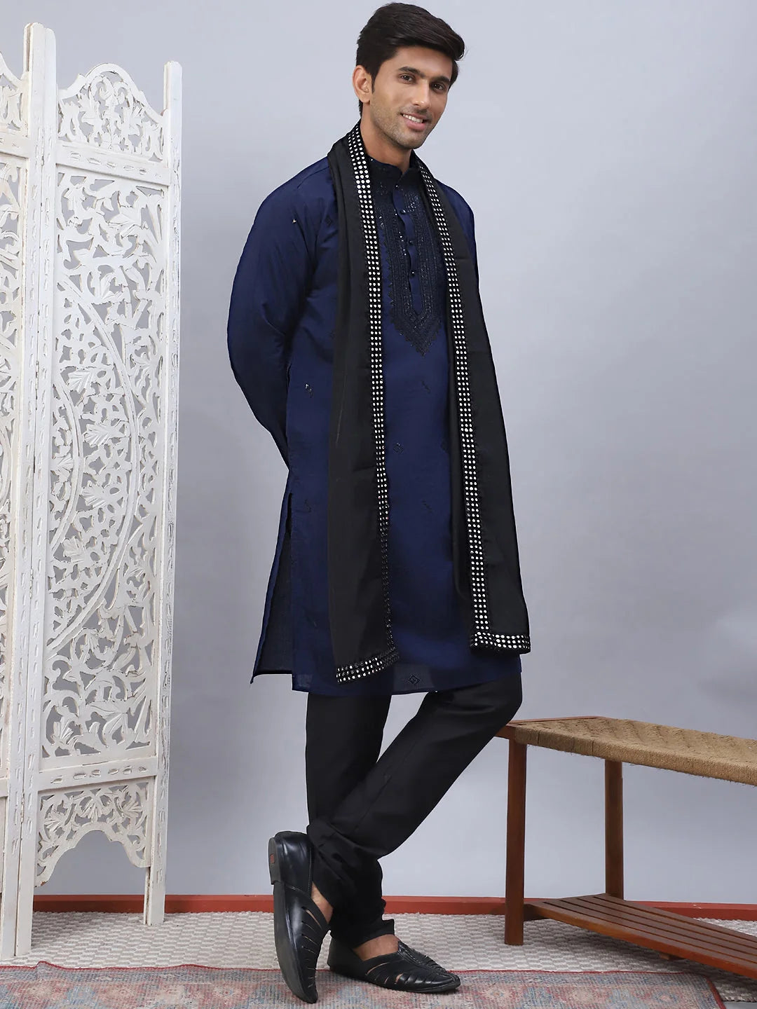 Navy Blue Embroidered Mens Kurta Pajama Set with Dupatta
