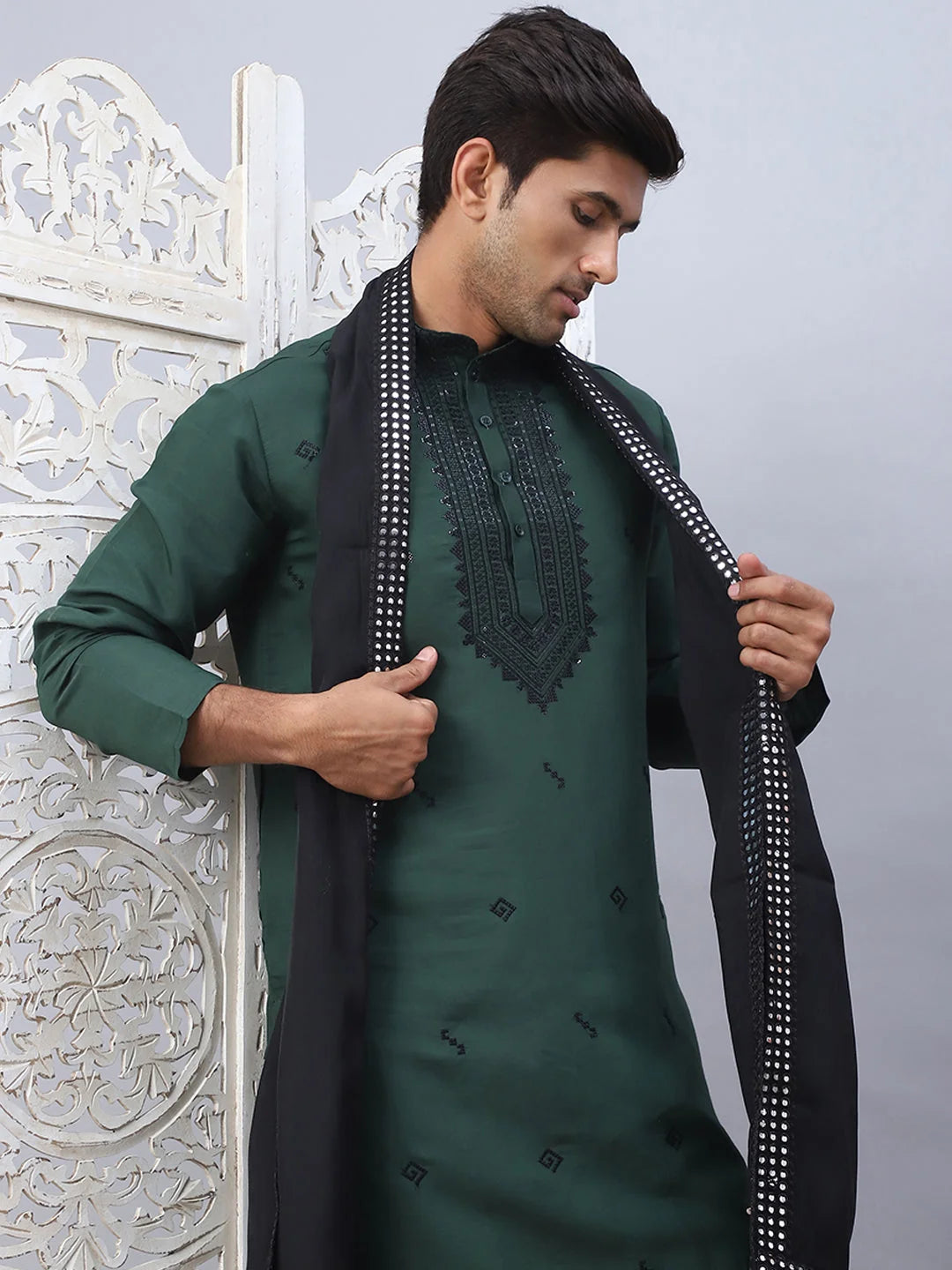 Sequins Embroidered Kurta Pyjama and Dupatta Set for Men-JOKP-DM-B1