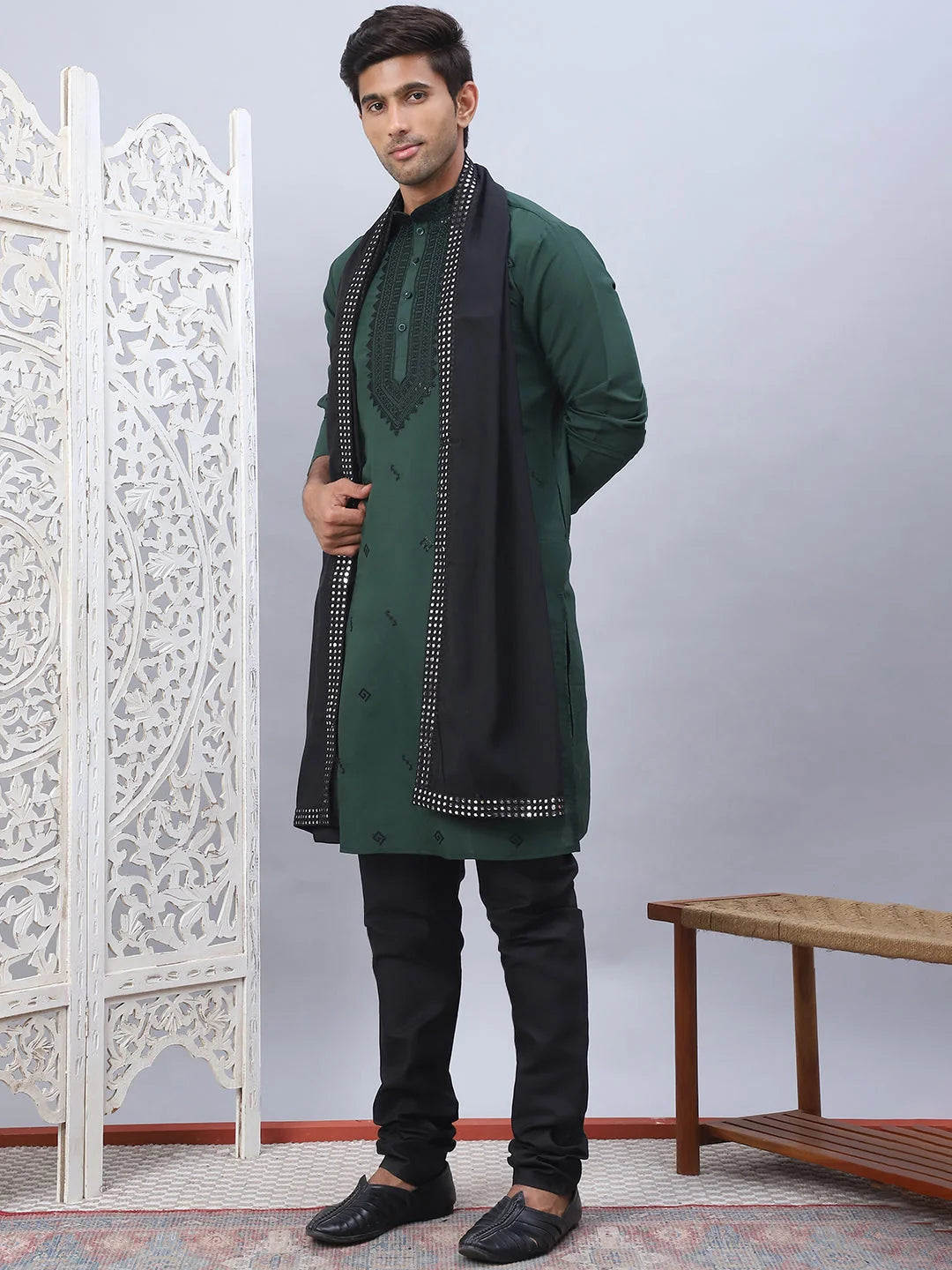 Olive Embroidered Mens Kurta Pajama Set with Dupatta