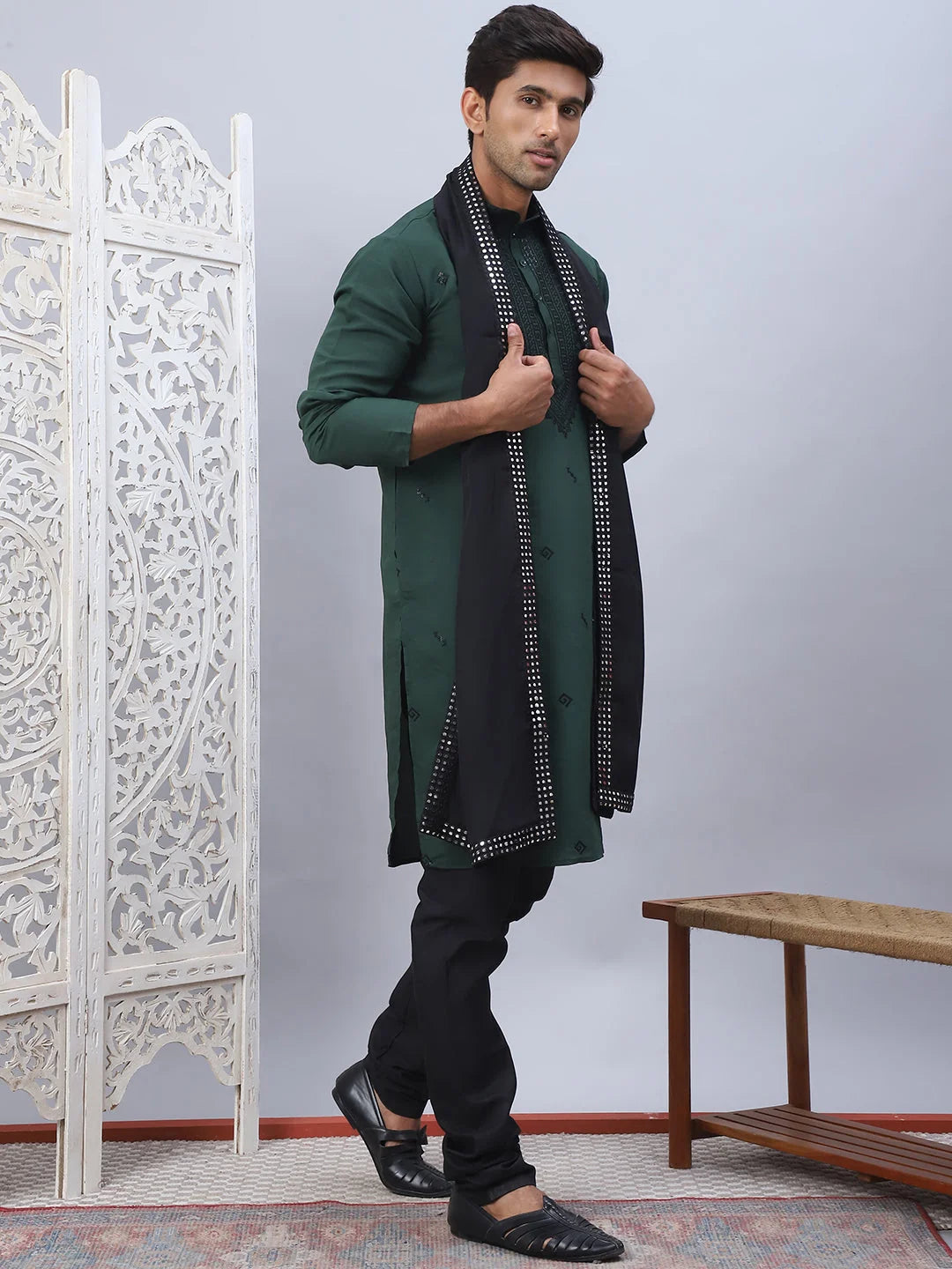 Olive Embroidered Mens Kurta Pajama Set with Dupatta