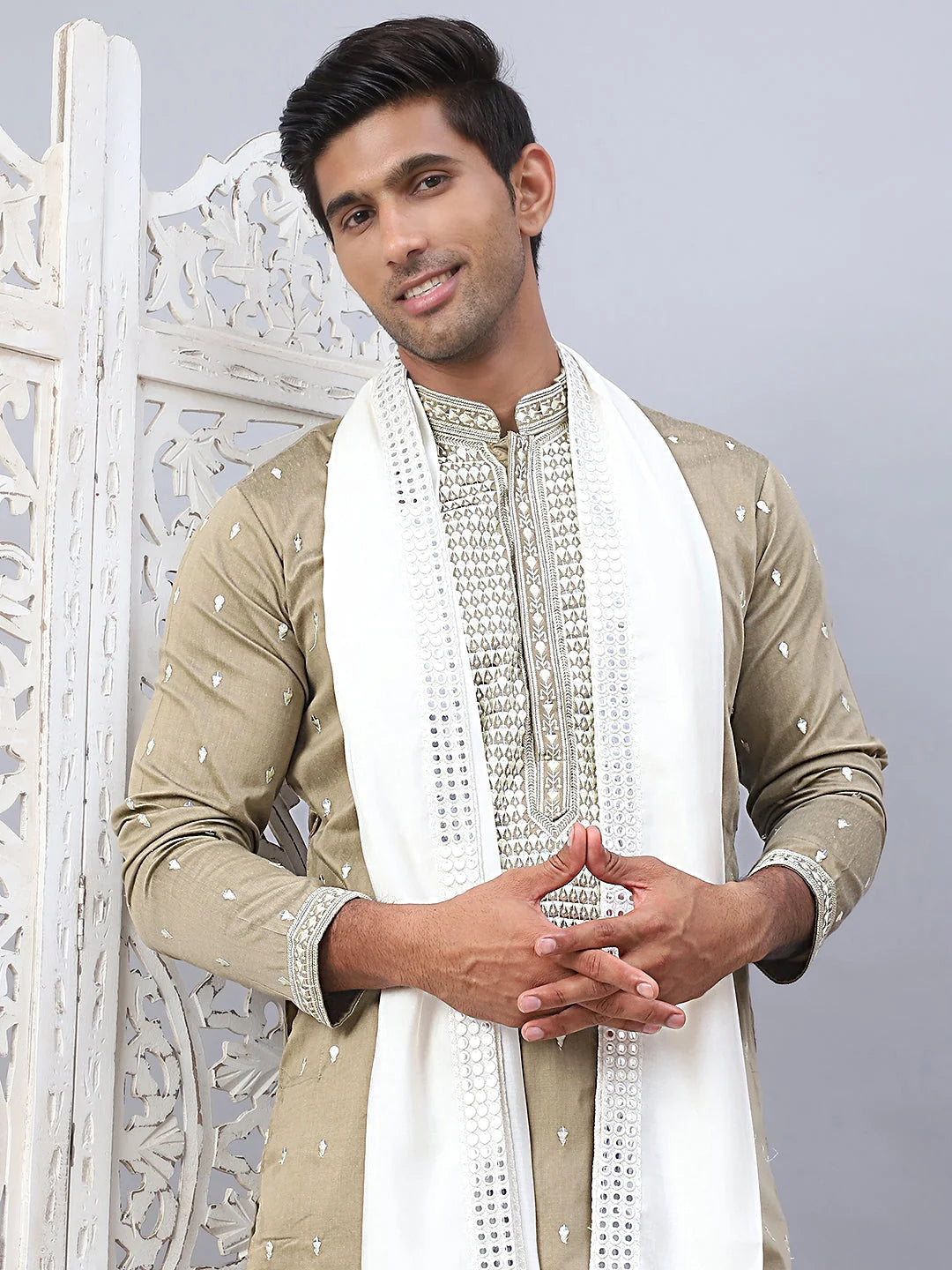 Beige Embroidered Mens Kurta Pajama Set With Dupatta - Style 1