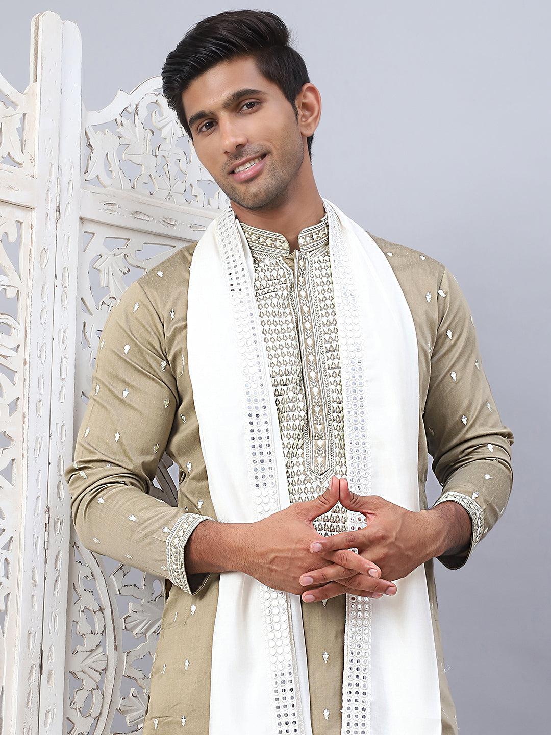 Beige Embroidered Mens Kurta Pajama Set With Dupatta - Style 1