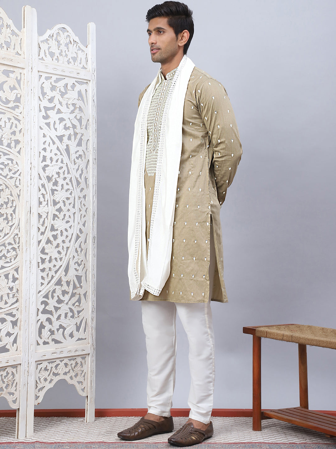 Beige Embroidered Mens Kurta Pajama Set With Dupatta - Style 1