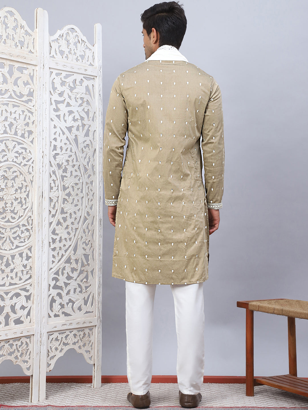 Beige Embroidered Mens Kurta Pajama Set With Dupatta - Style 1