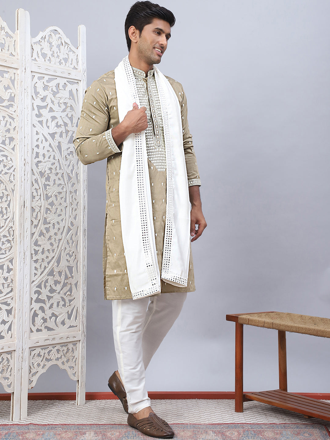 Beige Embroidered Mens Kurta Pajama Set With Dupatta - Style 1