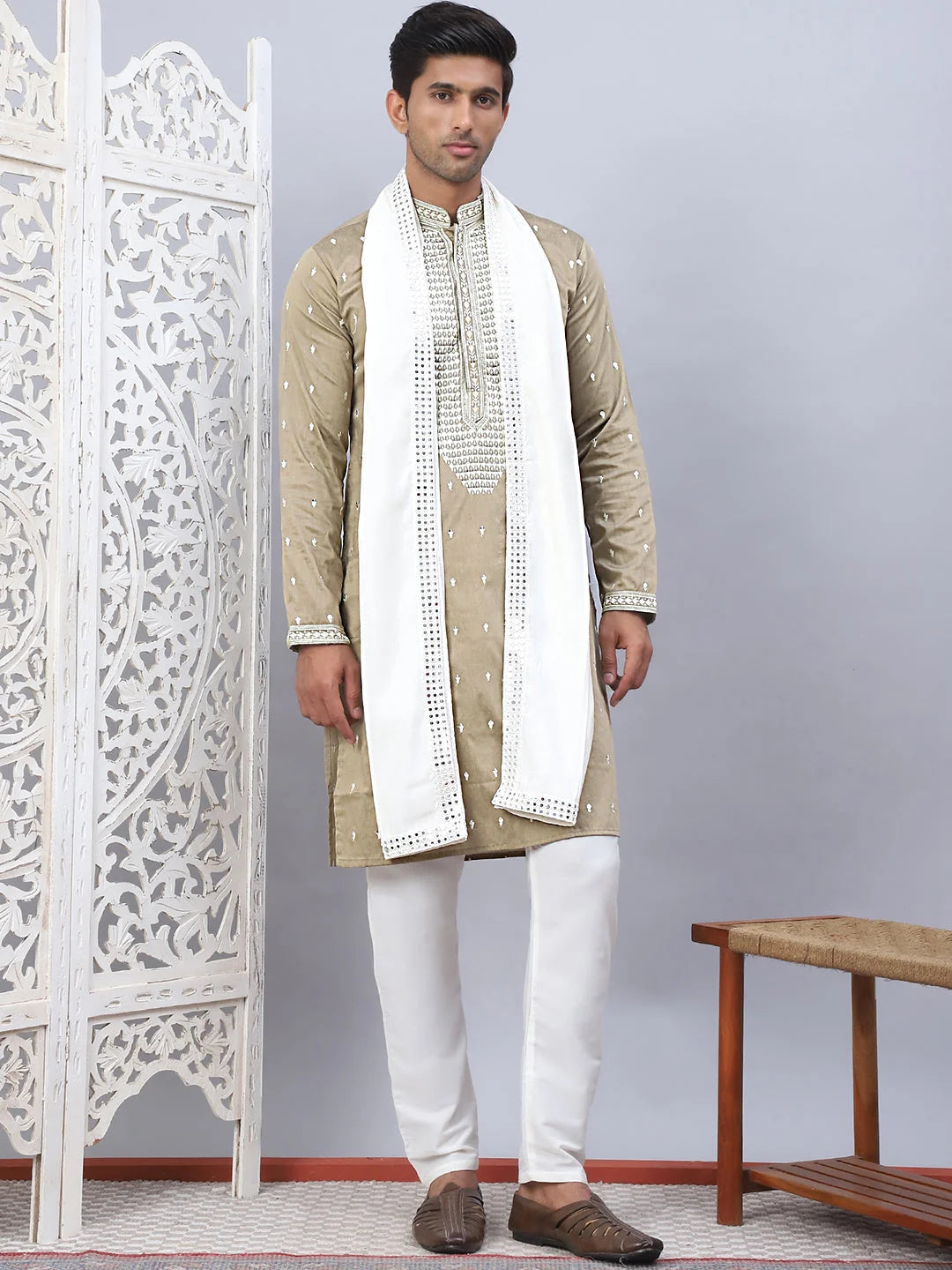 Beige Embroidered Mens Kurta Pajama Set With Dupatta - Style 1
