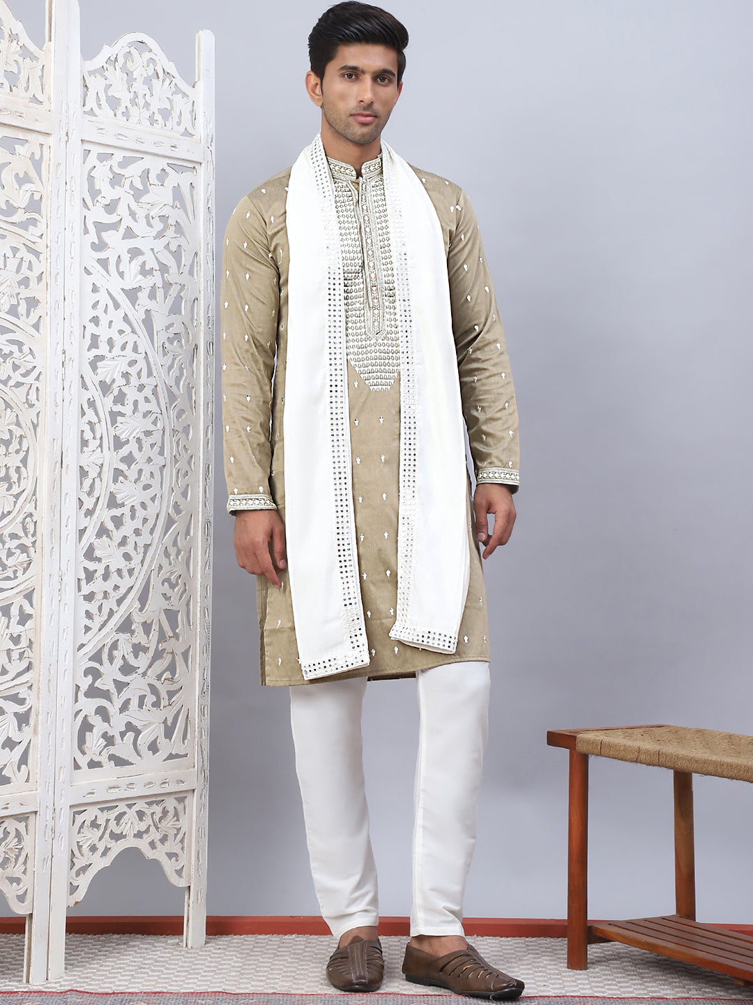 Beige Embroidered Mens Kurta Pajama Set With Dupatta - Style 1