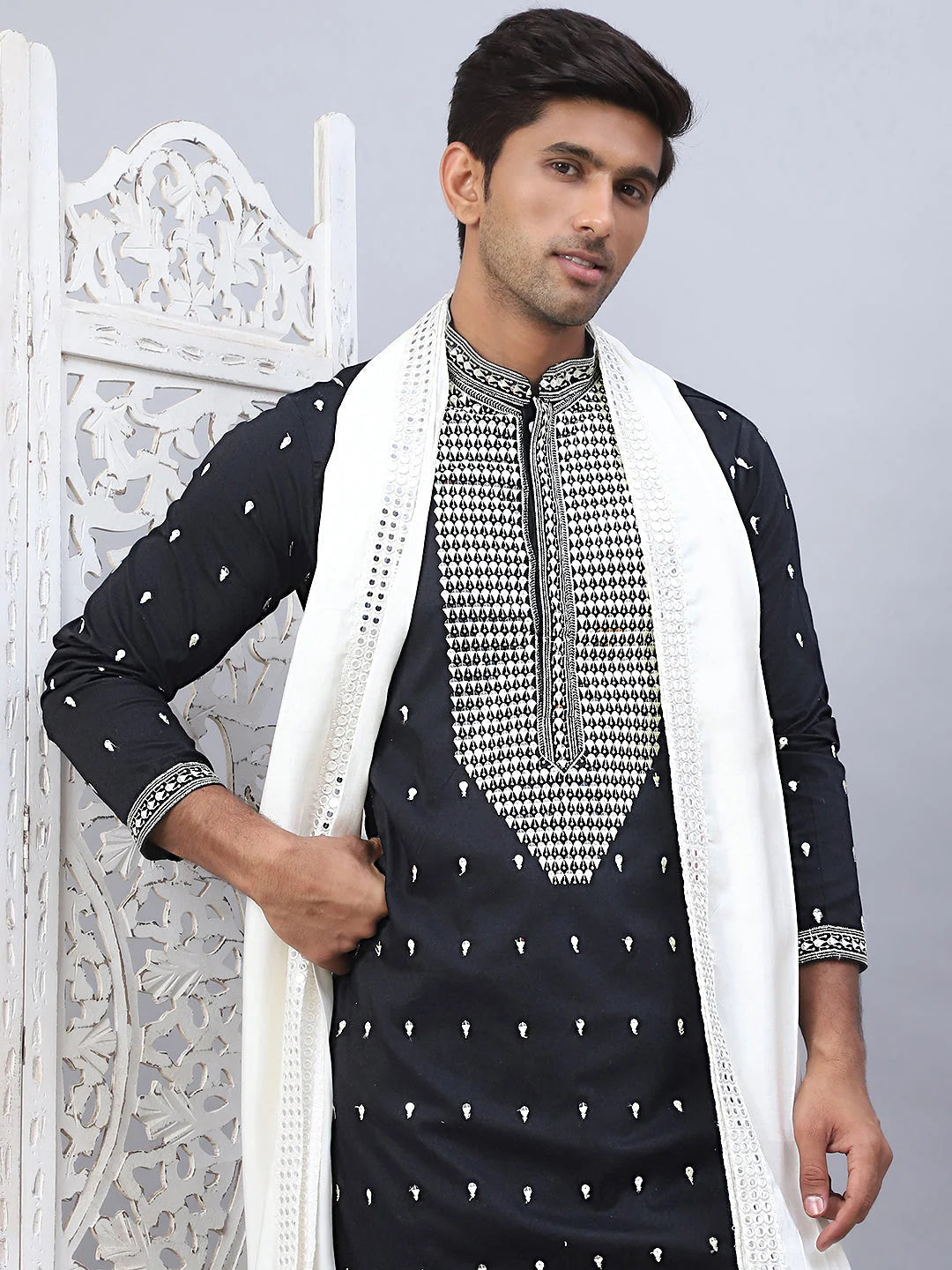 Shop Black Embroidered Mens Kurta Pajama Set With Dupatta 