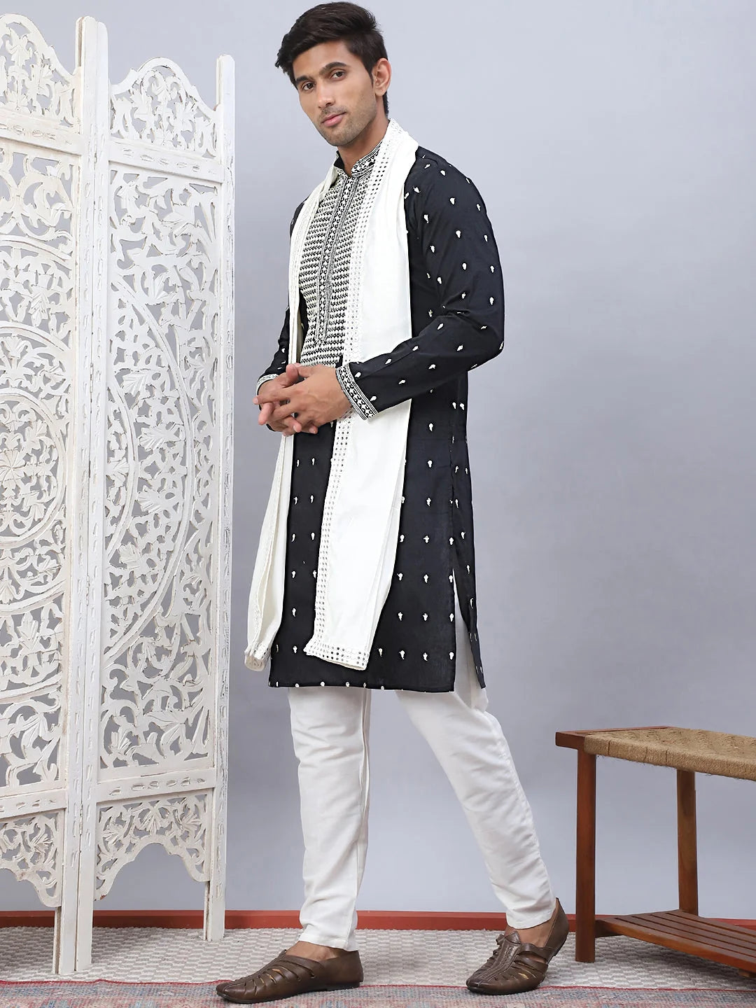 Shop Black Embroidered Mens Kurta Pajama Set With Dupatta 