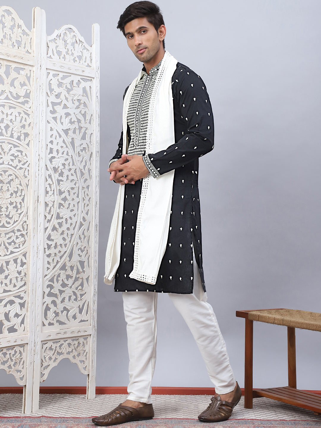 Shop Black Embroidered Mens Kurta Pajama Set With Dupatta 