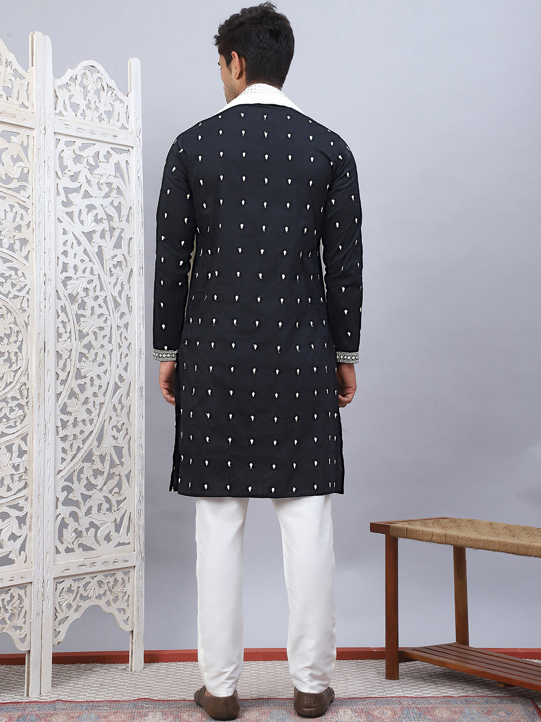 Shop Black Embroidered Mens Kurta Pajama Set With Dupatta 