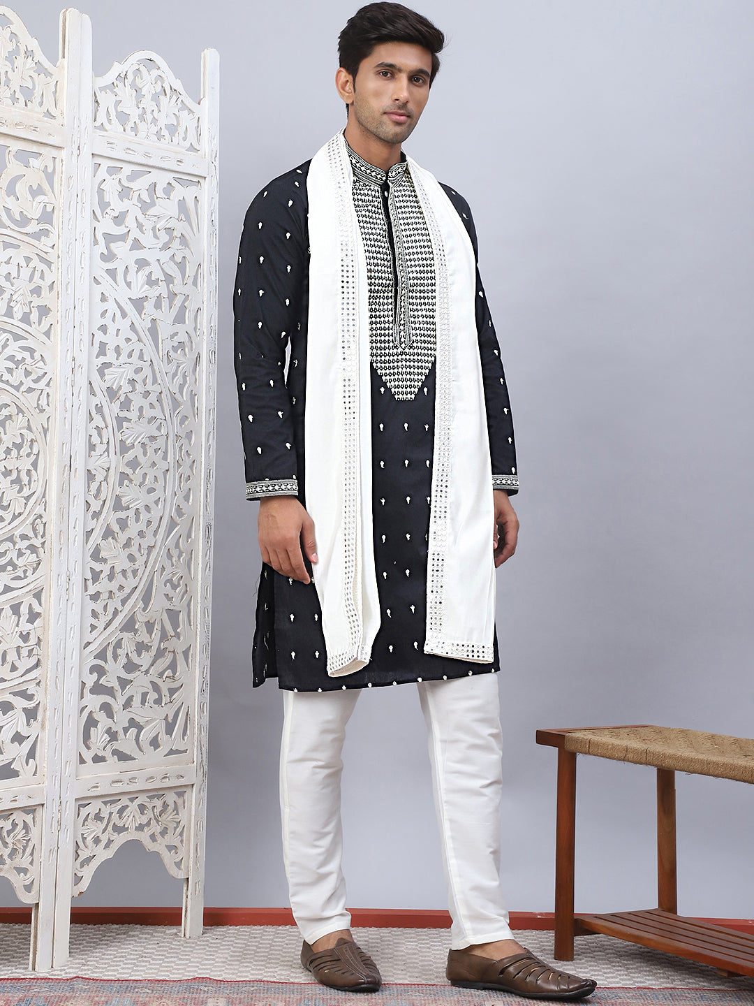 Shop Black Embroidered Mens Kurta Pajama Set With Dupatta 