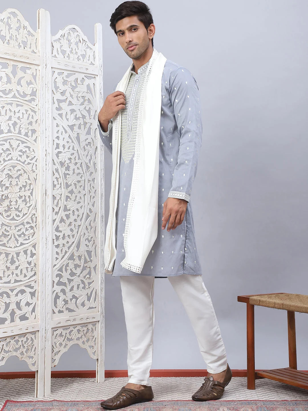 Grey Embroidered Mens Kurta Pajama Set With Dupatta