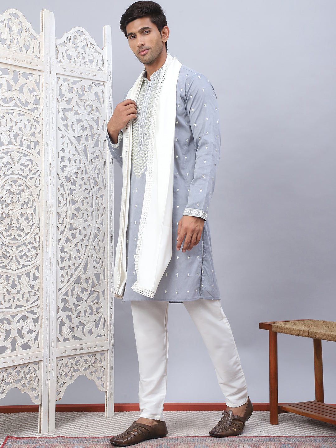 Grey Embroidered Mens Kurta Pajama Set With Dupatta