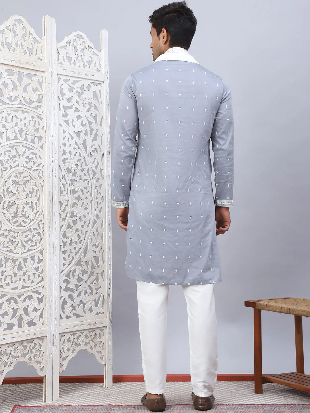 Grey Embroidered Mens Kurta Pajama Set With Dupatta