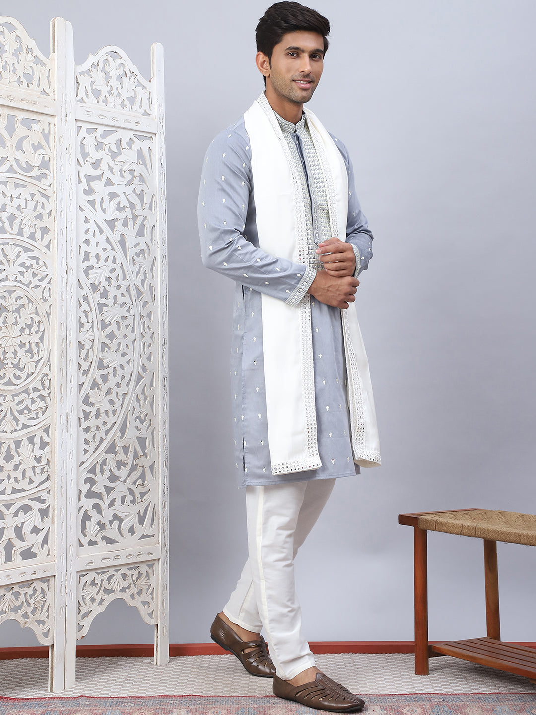 Grey Embroidered Mens Kurta Pajama Set With Dupatta