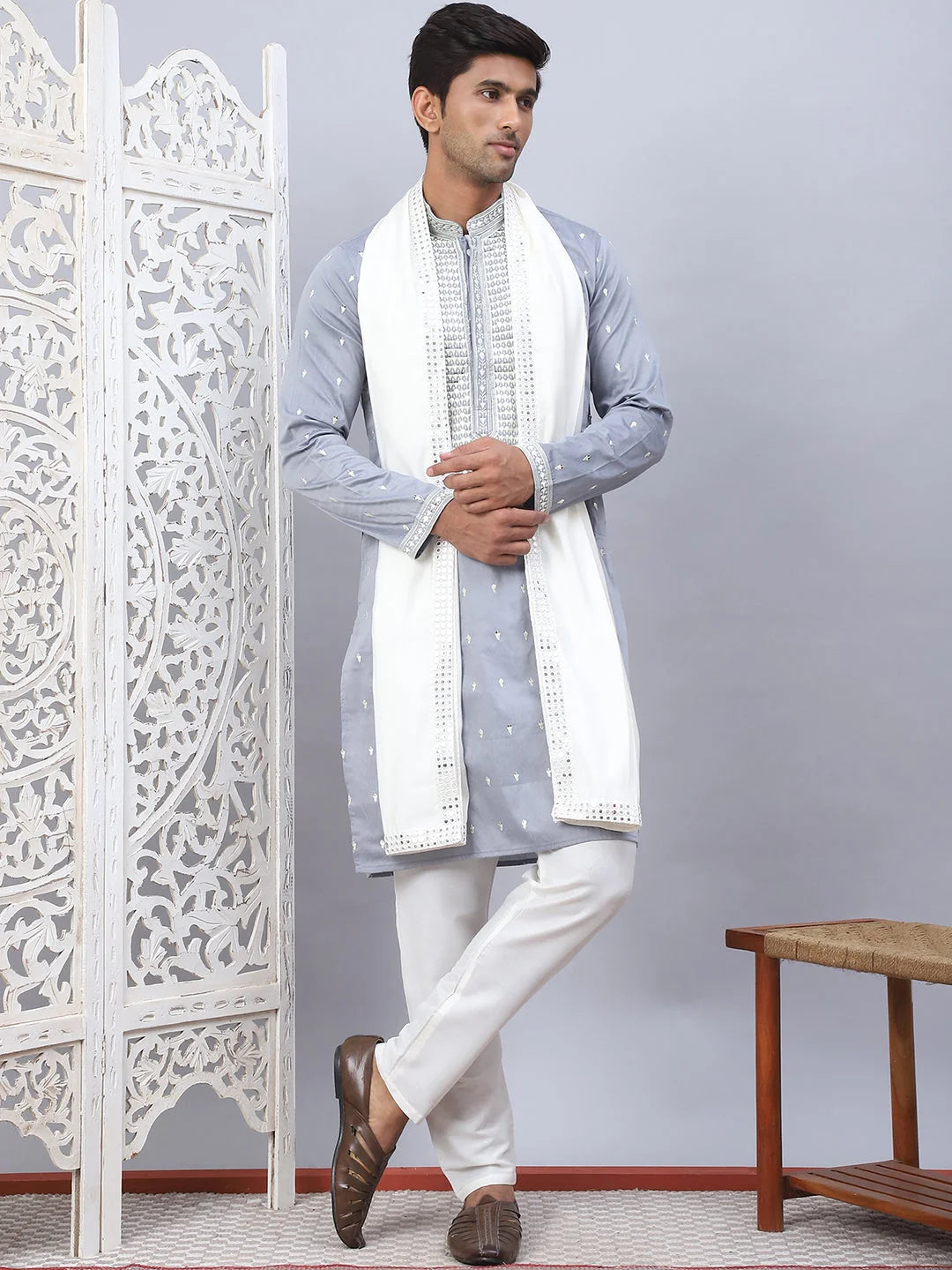 Grey Embroidered Mens Kurta Pajama Set With Dupatta