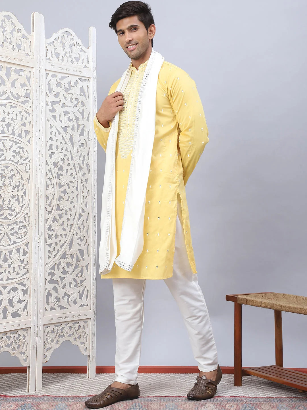 Yellow Embroidered Mens Kurta Pajama Set With Dupatta