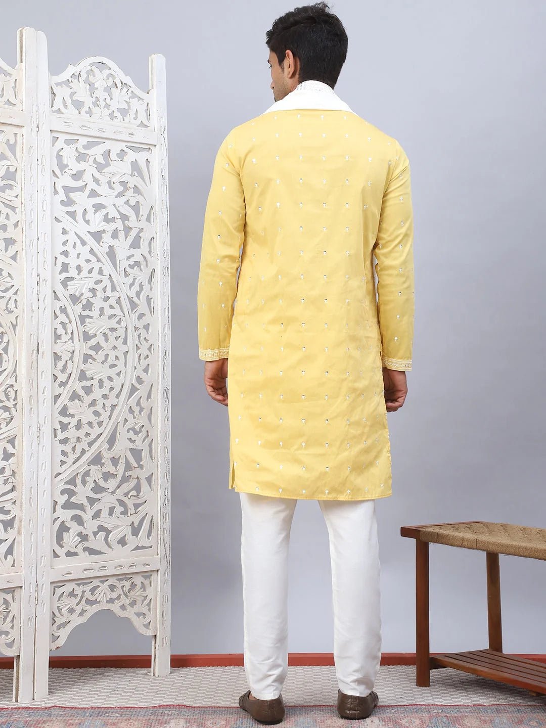 Yellow Embroidered Mens Kurta Pajama Set With Dupatta