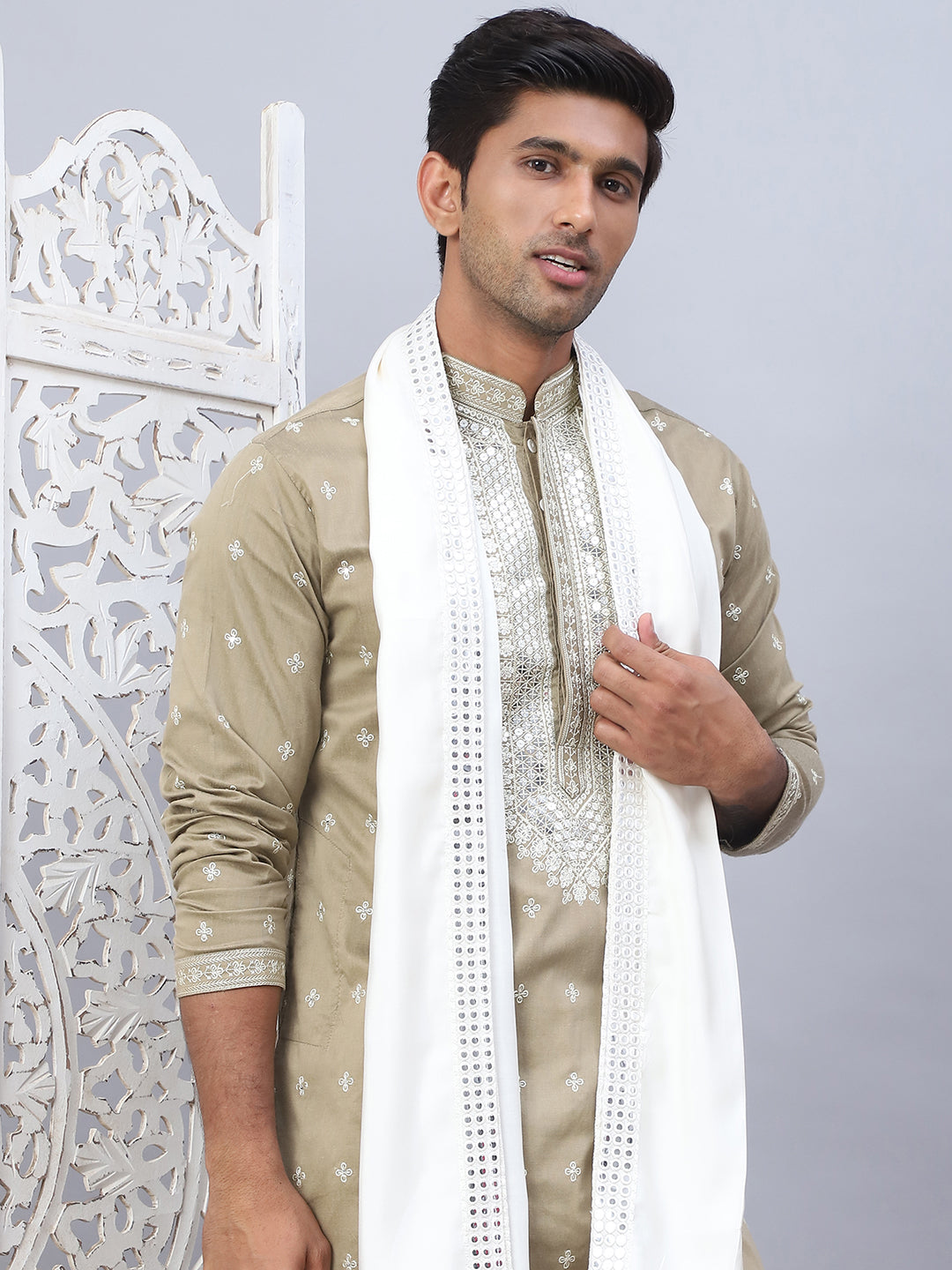 Beige Embroidered Mens Kurta Pajama Set With Dupatta