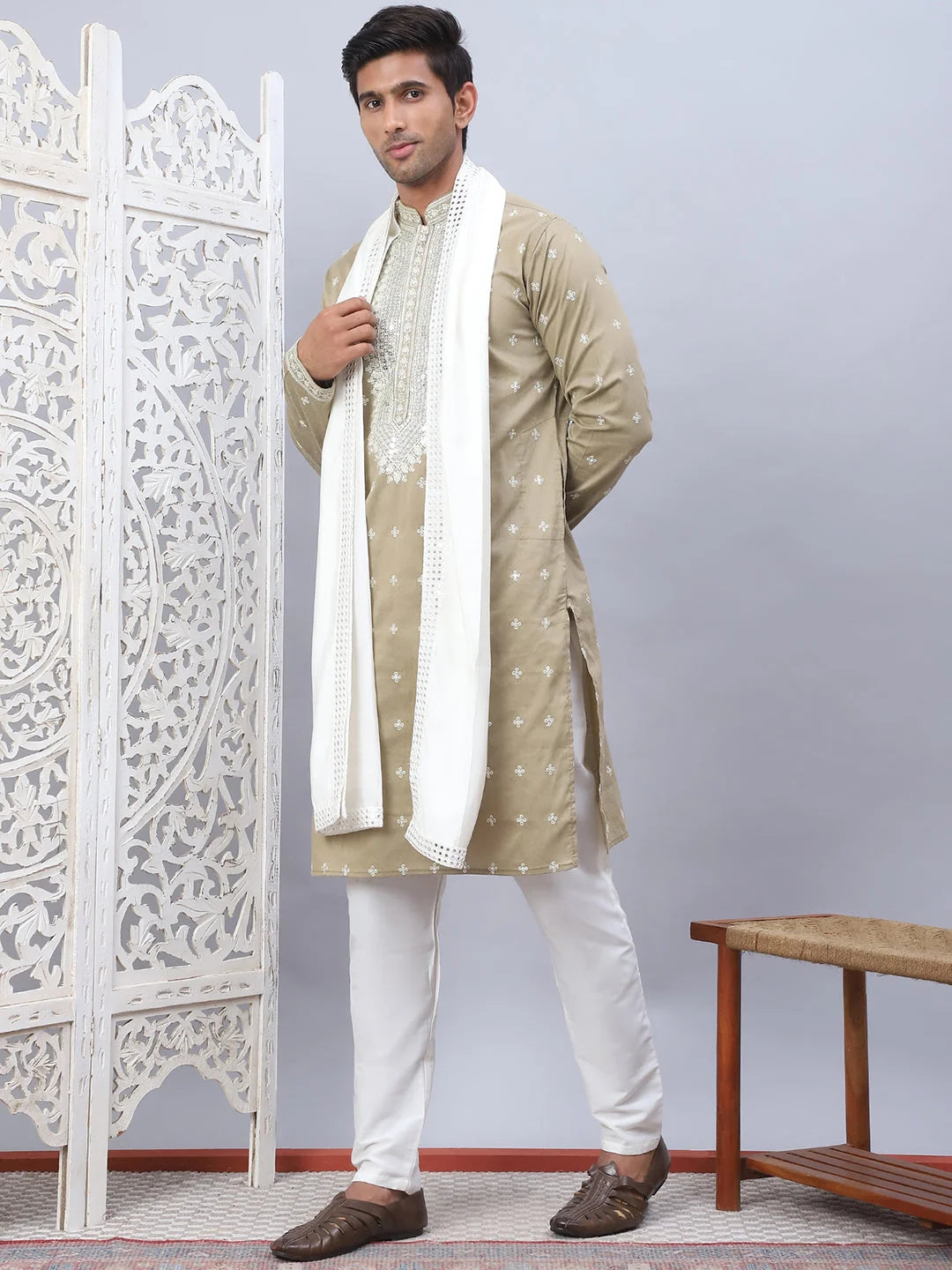 Beige Embroidered Mens Kurta Pajama Set With Dupatta