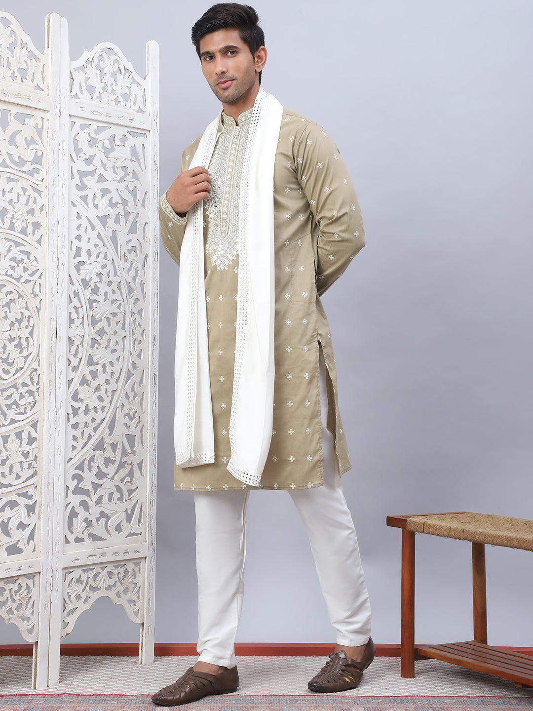 Beige Embroidered Mens Kurta Pajama Set With Dupatta