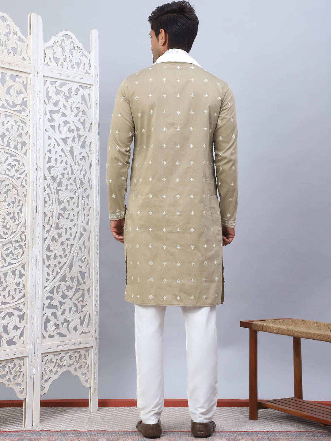 Beige Embroidered Mens Kurta Pajama Set With Dupatta