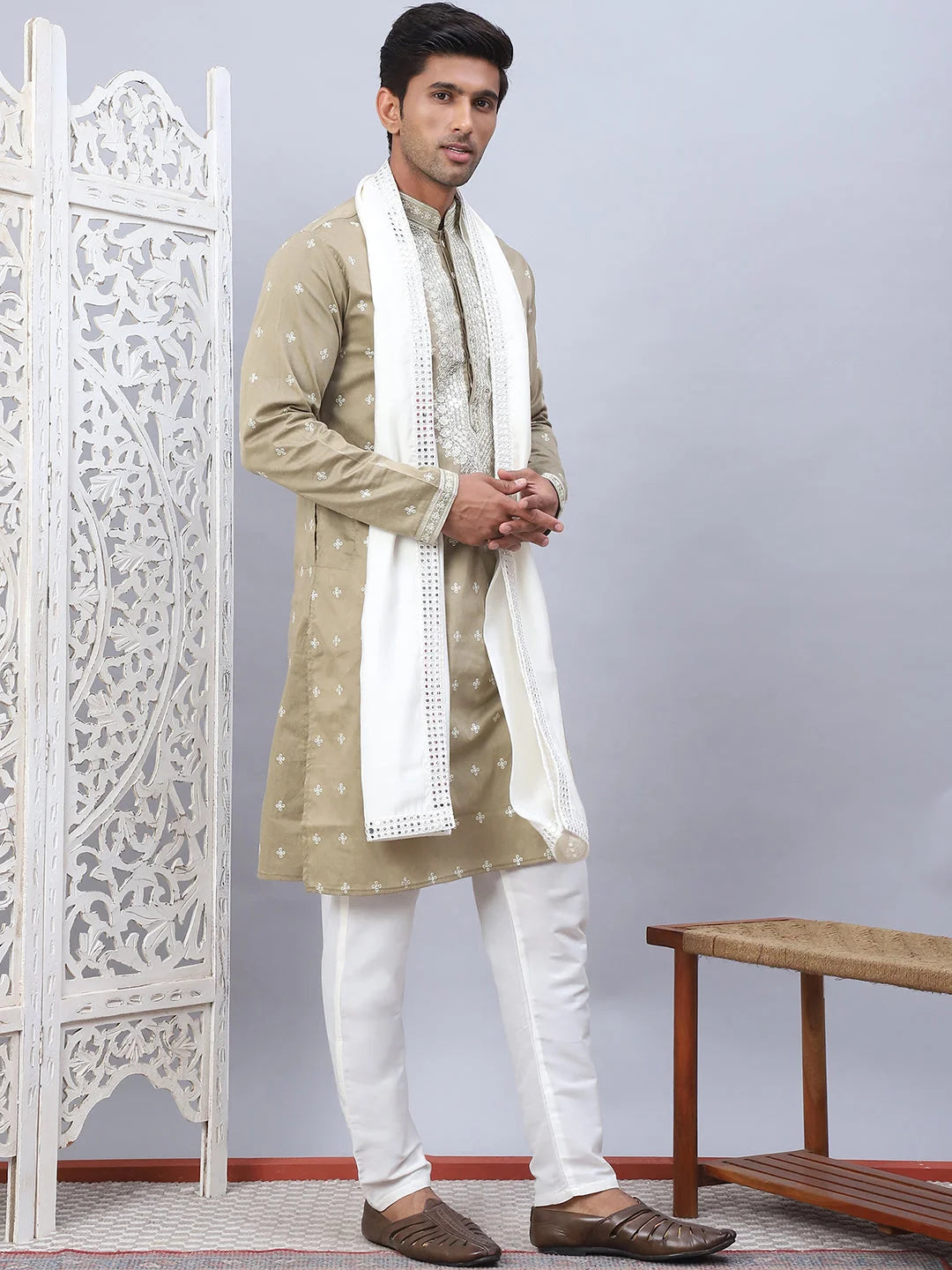 Beige Embroidered Mens Kurta Pajama Set With Dupatta