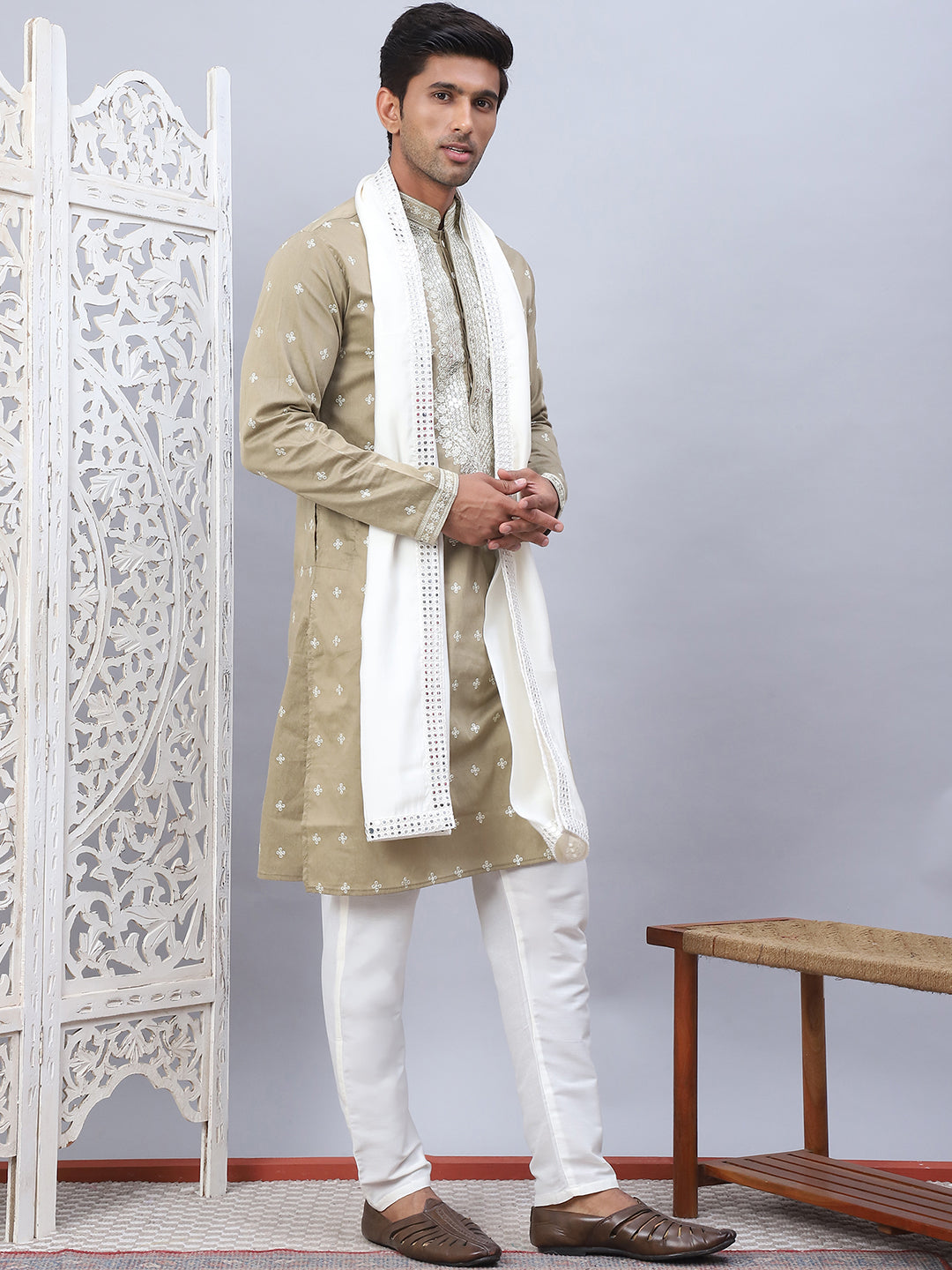 Beige Embroidered Mens Kurta Pajama Set With Dupatta