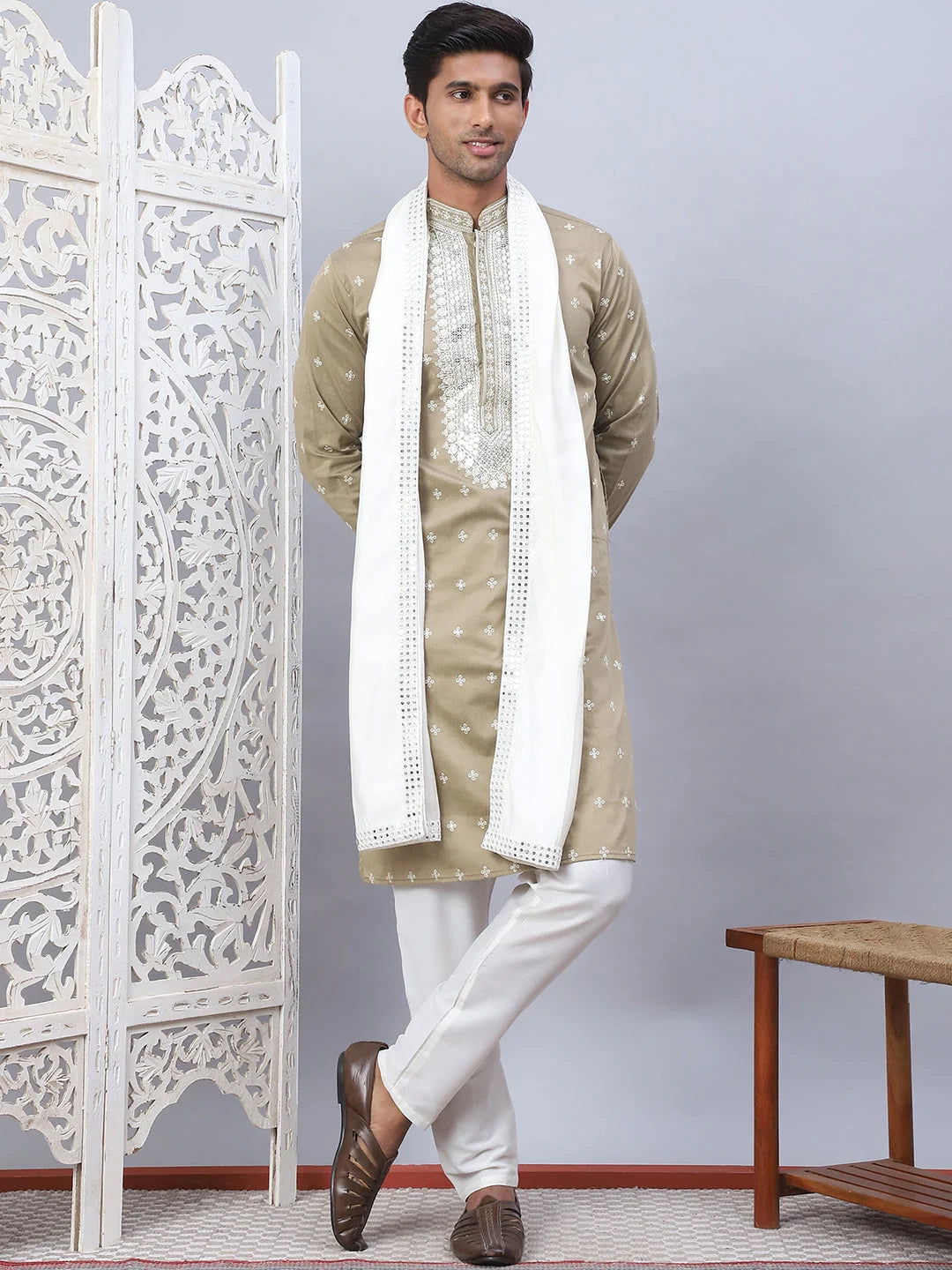Beige Embroidered Mens Kurta Pajama Set With Dupatta