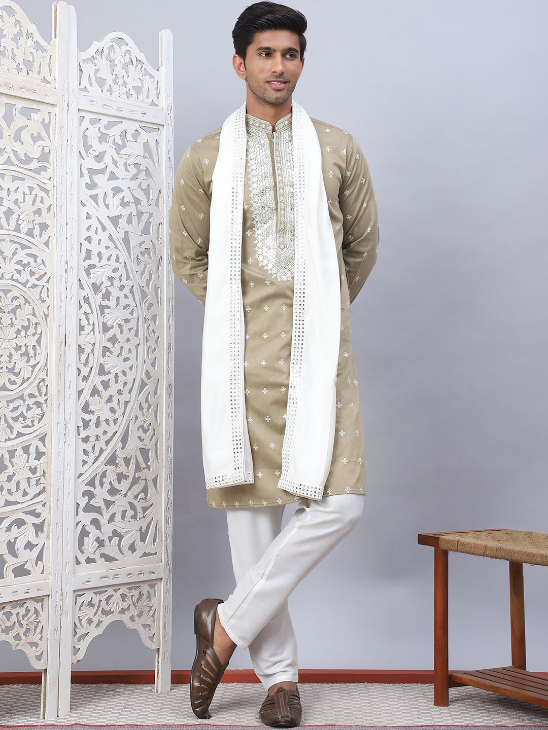 Beige Embroidered Mens Kurta Pajama Set With Dupatta