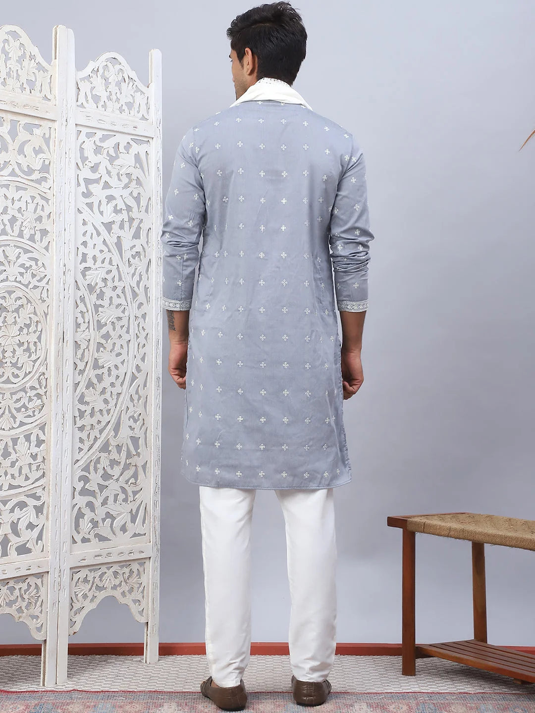Grey Sequin Embroidered Kurta Pajama with Dupatta | Mens Fashion