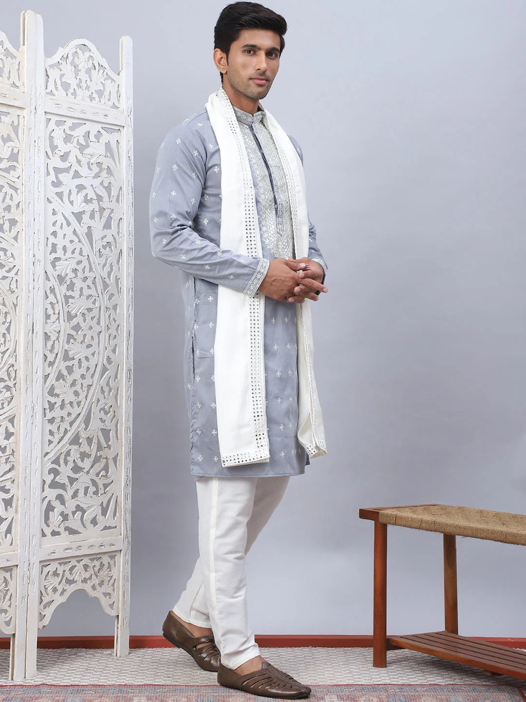 Grey Sequin Embroidered Kurta Pajama with Dupatta | Mens Fashion