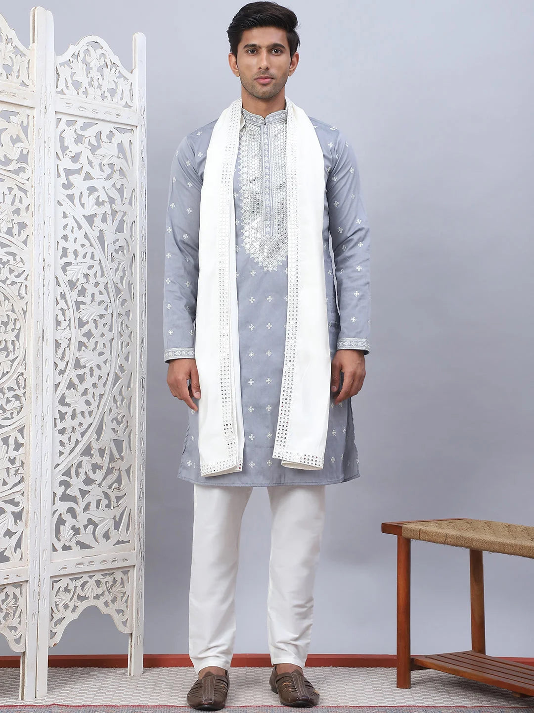 Grey Sequin Embroidered Kurta Pajama with Dupatta | Mens Fashion