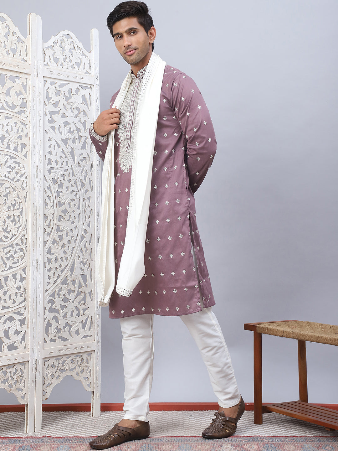 Magenta Sequin Embroidered Kurta Pajama Set | Festive Menswear