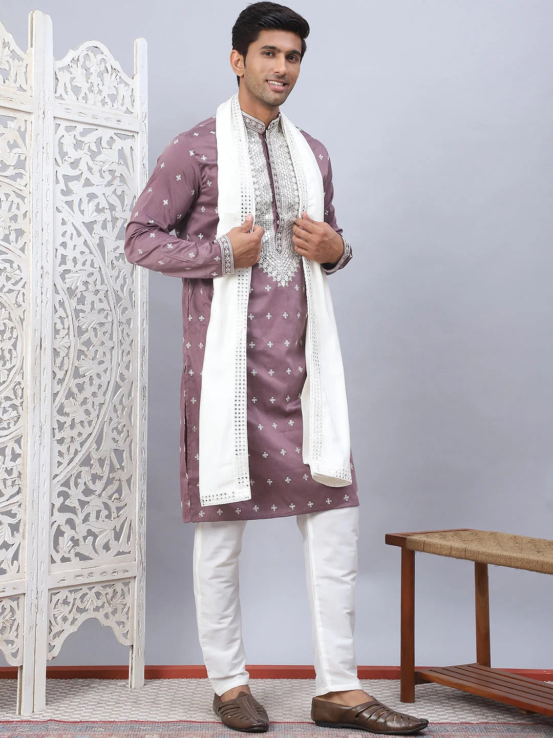 Magenta Sequin Embroidered Kurta Pajama Set | Festive Menswear