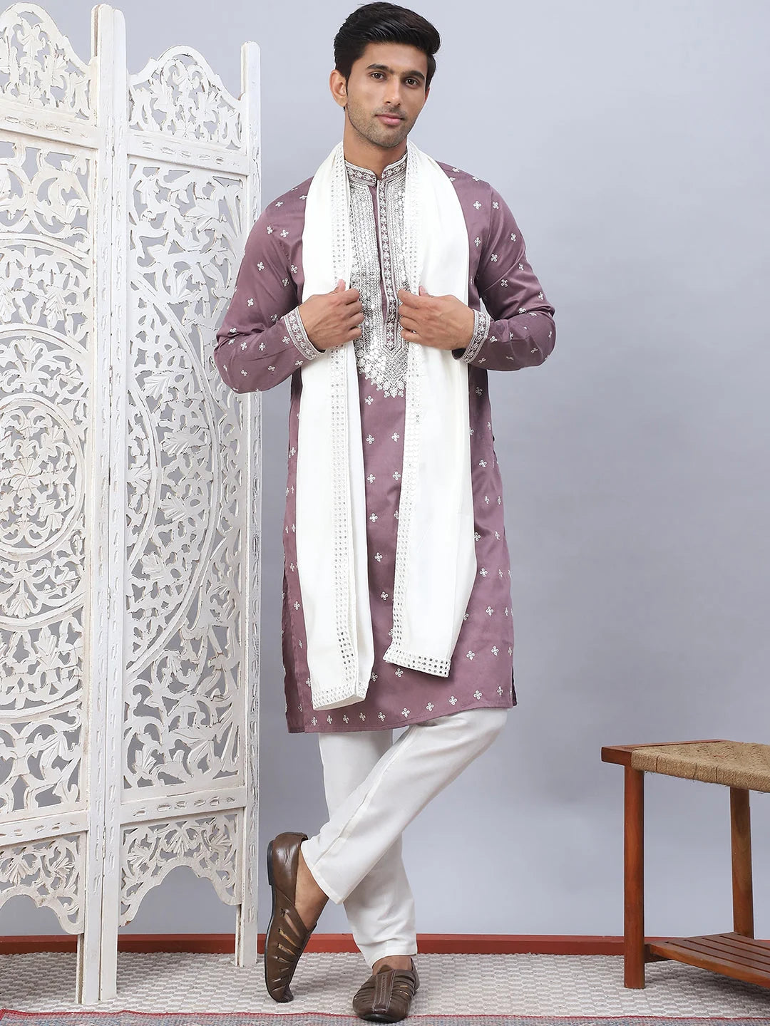 Magenta Sequin Embroidered Kurta Pajama Set | Festive Menswear