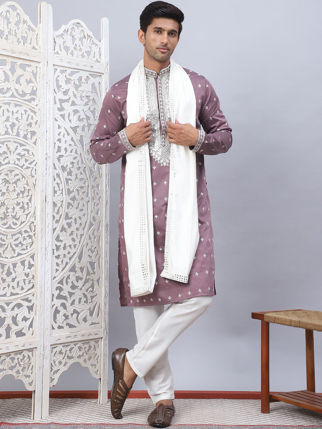 Magenta Sequin Embroidered Kurta Pajama Set | Festive Menswear