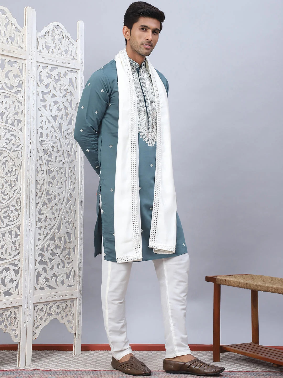 Olive Sequin Embroidered Kurta Pajama Set with Dupatta | Menswear