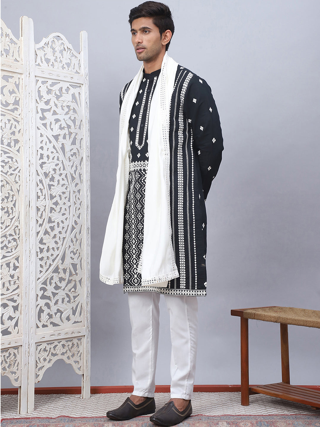Black Embroidered Kurta Pajama Set with Dupatta | Mens Ethnic ...